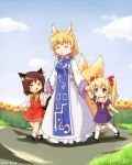  &gt;_&lt; :&gt; :&lt; =_= alternate_hairstyle animal_ears anubis108 blonde_hair blue_sky bow brown_hair cat_ears cat_tail chen child closed_eyes cloud clouds dress ear_piercing eyes_closed flower flower_field fox_ears fox_tail hair_bow hair_ribbon hand_holding highres holding_hands langbazi multiple_girls multiple_tails no_hat no_headwear open_mouth piercing purple_dress purple_eyes ribbon shirt short_hair skirt skirt_set sky smile sunflower tabard tail touhou twintails vest violet_eyes white_dress yakumo_ran yakumo_yukari young 