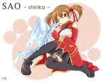  ;) black_legwear breastplate brown_hair character_name fingerless_gloves gloves hair_ribbon pina_(sao) red_eyes ribbon short_twintails silica sitting smile sword_art_online thigh-highs thighhighs title_drop twintails wink 