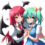  :&lt; :q ascot bat_wings blue_dress blush breasts daiyousei dress dress_shirt fairy_wings green_eyes green_hair hair_ribbon head_wings heart highres holding_hands hug impossible_clothes impossible_dress impossible_vest interlocked_fingers koakuma kuromu_(underporno) long_hair long_sleeves multiple_girls naughty_face necktie open_mouth puffy_sleeves red_eyes red_hair redhead ribbon shirt short_hair short_sleeves side_ponytail simple_background sweat tongue touhou very_long_hair vest white_background white_shirt wings you_gonna_get_raped yuri 
