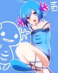  ahoge bare_legs bare_shoulders blue_hair cross-laced_footwear highres looking_at_viewer open_mouth personification pokemon purple_eyes short_hair sitting smile solo sweater tail takeshima_(nia) violet_eyes wooper 