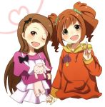  brown_hair green_eyes holding_hands hoodie idolmaster long_hair minase_iori ribbon smile stuffed_animal stuffed_toy takatsuki_yayoi twintails v wink 