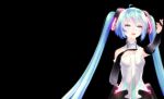  1girl aqua_eyes aqua_hair black bridal_gauntlets center_opening hatsune_miku hatsune_miku_(append) highres long_hair miku_append necktie open_clothes open_mouth solo thighhighs transparent twintails vocaloid vocaloid_(tda-type_ver) vocaloid_append 