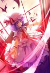  baisi_shaonian bat bat_wings blue_hair dress fangs full_moon haraguroi_you hat hat_ribbon highres moon night outstretched_arms puffy_sleeves red_eyes red_moon remilia_scarlet ribbon short_hair short_sleeves smile solo touhou window wings wrist_cuffs 