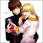  blonde_hair bracelet brown_hair cup fate/zero fate_(series) gilgamesh jewelry kotomine_kirei male multiple_boys necklace red_eyes spill wine wine_glass zino 