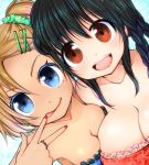  :q bare_shoulders black_hair blue_eyes blush breast_press breasts chiru cleavage earrings hair_ornament hairclip jewelry large_breasts looking_at_viewer multiple_girls nail_polish open_mouth original ponytail ring tongue v 