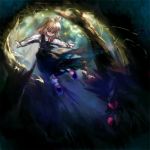  1girl ascot blonde_hair cave darkness hair_ribbon highres outstretched_arms red_eyes ribbon rumia shirt skirt skirt_set solo suisai touhou vest 