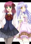  alternate_costume angel_beats! bad_id dress gorogoro green_eyes long_hair multiple_girls pantyhose purple_hair short_hair silver_hair tachibana_kanade tachibana_kanade thigh-highs thighhighs yellow_eyes yuri_(angel_beats!) 