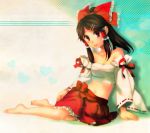  bare_shoulders barefoot bow brown_hair collarbone detached_sleeves frilled_skirt hair_bow hair_ornament hairclip hakurei_reimu heart kayako_(tdxxxk) long_hair looking_at_viewer midriff parted_lips pink_eyes sarashi sitting skirt solo touhou 
