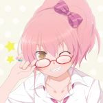  adjusting_glasses bespectacled blush bow earrings glasses grin hair_bow highres idolmaster idolmaster_cinderella_girls jewelry jougasaki_mika kago_no_tori pink_hair ponytail short_hair smile solo star wink yellow_eyes 