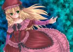  bare_shoulders blonde_hair blue_background bow brooch cave_(developer) dodonpachi dodonpachi_daioujou dress expressionless frills green_eyes hair_bow hat honeycomb_background jewelry jinra long_hair pink_dress ribbon shotia solo tile_background 
