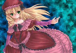  bare_shoulders blonde_hair blue_background bow brooch cave_(developer) dodonpachi dodonpachi_daioujou dress expressionless frills green_eyes hair_bow hat honeycomb_background jewelry jinra long_hair pink_dress ribbon shotia solo tile_background 