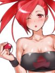  :o adapted_costume akira_(natsumemo) asuna_(pokemon) bandeau blush breasts bust cleavage hair_over_one_eye holding holding_poke_ball large_breasts open_mouth poke_ball pokemon pokemon_(game) pokemon_rse red_eyes red_hair redhead shiny shiny_skin sketch solo sweat taut_shirt tubetop wince wink wristband 