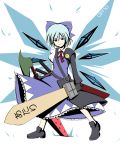  adapted_costume advent_cirno blue_eyes blue_hair bow character_name cirno dual_wielding gloves hair_bow ice ice_wings long_sleeves nitoro-star puffy_sleeves short_sleeves smile solo sword touhou weapon wings 