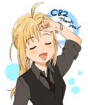  :d ahoge blonde_hair bracelet fate/zero fate_(series) formal jewelry kaisen long_hair necktie open_mouth ponytail saber smile solo vest waistcoat wiping_sweat 
