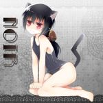  animal_ears barefoot black_hair blush cat_ears cat_tail character_name dog_days hair_ribbon long_hair nitzleplick noir_vinocacao one-piece_swimsuit red_eyes ribbon school_swimsuit seiza sitting smile solo swimsuit tail 