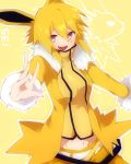  animal_ears blonde_hair highres jolteon looking_at_viewer navel open_mouth personification pokemon purple_eyes solo takeshima_(nia) violet_eyes 