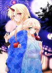  alternate_costume arm_grab back-to-back blonde_hair blush breasts candy_apple collarbone cotton_candy fireworks floral_print full_moon green_eyes hazuki_rui highres horn hoshiguma_yuugi japanese_clothes kimono large_breasts lights long_hair looking_at_viewer mizuhashi_parsee moon multiple_girls night off_shoulder pointy_ears sash shackle short_hair sky smile touho touhou tree 
