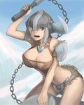  arm_up blue_eyes breasts cleavage flail helmet large_breasts league_of_legends open_mouth sejuani short_hair snow solo straddle yulcat_(alszmtm) 