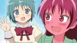  blue_eyes blue_hair blush bow fang full-face_blush g3pen long_hair mahou_shoujo_madoka_magica miki_sayaka multiple_girls namesake open_mouth parody red_eyes red_hair redhead sakura_kyouko school_uniform short_hair smile waving yuru_yuri 