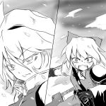  advent_cirno bow cirno hair_bow hat letty_whiterock long_sleeves mizukiri monochrome multiple_girls open_mouth puffy_sleeves short_hair short_sleeves sweatdrop sword touhou weapon 