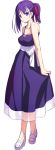  aotsuki_takao dress fate/stay_night fate_(series) hair_ribbon matou_sakura ponytail purple_dress purple_eyes purple_hair ribbon sandals skirt_hold smile solo violet_eyes 