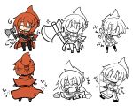  ^_^ axe boned_meat cake capelet carrying closed_eyes eating eyes_closed fang food hair_up meat o_o oono_mayu open_mouth orange_eyes orange_hair pixiv_azriel smile solo weapon yanagi_(nurikoboshi) |_| 