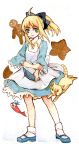  ahoge alternate_costume blonde_hair bow cat dress fate/stay_night fate/unlimited_codes fate_(series) fish gingerbread green_eyes hair_bow knife long_hair ponytail rakuko saber saber_lily solo star traditional_media watercolor_(medium) 