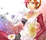  brown_hair camellia_(flower) choker earrings elbow_gloves flower gloves jewelry lipstick makeup meiko necklace red_eyes short_hair smile solo star toba_k vocaloid 