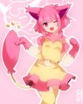  ;d animal_ears cat_ears fang gloves highres midriff navel open_mouth paw_pose personification pink_gloves pink_hair pokemon short_hair skirt skitty smile solo tail takeshima_(nia) thigh-highs thighhighs wink yellow_legwear zettai_ryouiki 