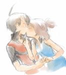  1girl ahoge black_hair blush brown_hair bust closed_eyes couple embarrassed eyes_closed holding kiss odamaki_sapphire pokemon pokemon_special ponytail ruby_(pokemon) shirou_(vista) short_hair simple_background surprised 