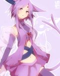  animal_ears bare_shoulders elbow_gloves espeon facial_mark fingerless_gloves forehead_mark gloves head_tilt highres looking_at_viewer navel personification pokemon purple_eyes purple_hair purple_legwear skirt solo tail takeshima_(nia) thigh-highs thighhighs violet_eyes 