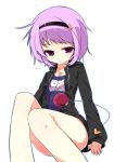  alternate_costume bare_legs blush eyebrows hairband heart jacket komeiji_satori name_tag one-piece_swimsuit outline purple_eyes purple_hair school_swimsuit school_uniform shamo_(koumakantv) short_hair simple_background solo swimsuit swimsuit_under_clothes third_eye touhou track_suit violet_eyes white_background zipper 