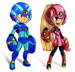  1girl android arm_cannon blonde_hair blue_eyes helmet koi_drake long_hair lowres oversize_forearms pantyhose ponytail rockman rockman_x roll sketch smile very_long_hair weapon x x_(rockman) 