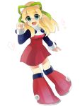  blonde_hair blue_eyes boots dress elowell hair_ribbon heart long_hair long_sleeves open_mouth red_dress ribbon rockman rockman_(classic) roll solo white_background 