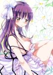  blush breasts cleavage dress flower hair_ribbon kotomo long_hair open_mouth original purple_hair ribbon solo strap strap_gap strap_slip white_dress yellow_eyes 