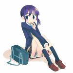  blue_eyes kanikama kokoro_connect mole nagase_iori pocky purple_hair school_uniform serafuku shorts sitting skirt solo 