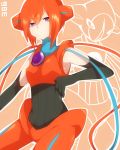  black_gloves deoxys elbow_gloves eyeshadow gloves highres looking_at_viewer makeup orange_hair personification pokemon purple_eyes short_hair solo takeshima_(nia) violet_eyes 