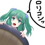  blush bucket gomi_(gomitin) green_eyes green_hair hair_bobbles hair_ornament in_bucket in_container kisume open_mouth short_hair solo touhou translated translation_request twintails 