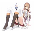  arm_support armor asuna_(sao) bare_shoulders boots breastplate brown_eyes brown_hair couzone glaring high_heels highres knee_boots long_hair panties pantyshot pantyshot_(sitting) shoes simple_background sitting skirt solo sword sword_art_online thigh-highs thighhighs underwear weapon white_background white_legwear white_panties 