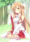  asuna_(sao) bare_shoulders blush breastplate brown_eyes brown_hair detached_sleeves forest grass long_hair looking_at_viewer nature sitting skirt solo sword_art_online takase_kanan thigh-highs thighhighs tree weapon white_legwear 