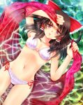  absurdres alternate_costume asa_no_ha_(pattern) bikini bow breasts brown_hair cleavage collarbone hair_bow hair_tubes hakurei_reimu highres long_hair lying navel open_mouth partially_submerged red_eyes shiny shiny_skin side-tie_bikini solo swimsuit touhou wet 