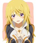  blush breasts charlotte_dunois cleavage infinite_stratos jewelry long_hair long_sleeves open_mouth pendant purple_eyes sleeves_past_wrists track_jacket violet_eyes xion_012 