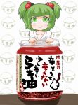  bowl check_translation collarbone green_eyes green_hair hair_bobbles hair_ornament highres jar kisume maromi_gou rice short_hair smile solo touhou translation_request twintails 