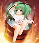  bare_legs barefoot blush bucket child flat_chest green_eyes green_hair hair_bobbles hair_ornament in_bucket in_container japanese_clothes kimono kisume looking_at_viewer open_mouth seminoyu solo touhou twintails water wet wet_clothes yukata 