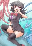  asymmetrical_wings black_hair black_legwear bow houjuu_nue open_mouth pointy_ears red_eyes short_hair short_sleeves sitting solo thigh-highs thighhighs touhou wings zuru 