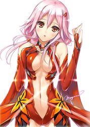  bare_shoulders blush breasts center_opening cleavage elbow_gloves gloves guilty_crown hair_ornament hairclip looking_at_viewer mogami_noa navel pink_hair red_eyes solo twintails white_background yuzuriha_inori 