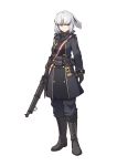  1girl absurdres aqua_eyes belt chinese_commentary commentary_request full_body gloves gun highres holding holding_gun holding_weapon military military_uniform original ponytail pouch sheath sheathed sherman_(egnk2525) short_hair solo standing uniform weapon white_background white_hair 