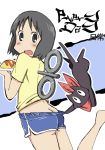  ass ass_crack barefoot black_cat black_eyes black_hair butt_crack cat leg_lift looking_back nichijou no_nose omelet open_mouth plate sakamoto_(nichijou) scarf shinonome_nano short_hair shorts shorts_pull standing t-shirt title_drop winding_key zubatto 