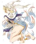  barefoot blonde_hair blood diohazard grin hat injury kunai long_sleeves short_hair slit_pupils smile solo torn_clothes touhou weapon wide_sleeves wink wound wounded yakumo_ran yellow_eyes 