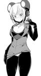  1girl bodysuit breasts cleavage glasses helmet ken_(koala) looking_at_viewer monochrome panties panties_under_pantyhose pantyhose simple_background smile underwear 